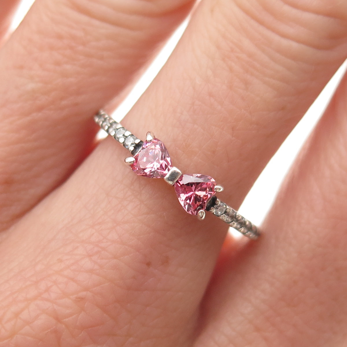 Pandora 925 Sterling Silver C Z Sparkling Pink Bow Ring Size 7.75