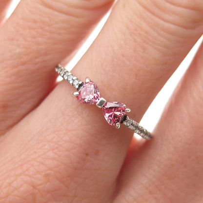 Pandora 925 Sterling Silver C Z Sparkling Pink Bow Ring Size 7.75