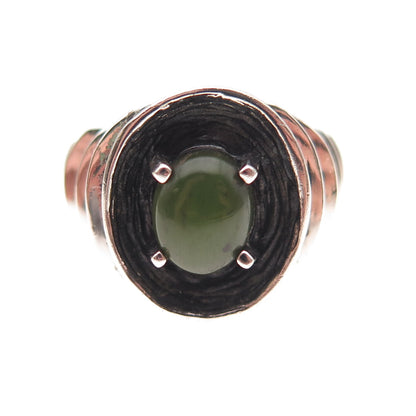 925 Sterling Silver Vintage Real Jade Modernist Oxidized Ring Size 9.5