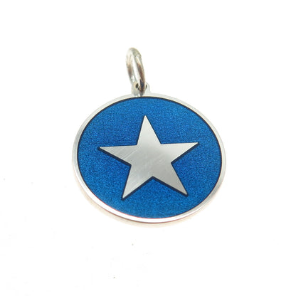 925 Sterling Silver Blue Enamel Star Round Tag Minimalist Charm Pendant