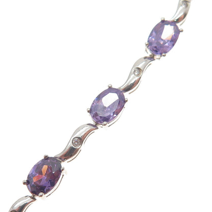 925 Sterling Silver Vintage Real Oval-Cut Amethyst & C Z Wavy Link Bracelet 7"