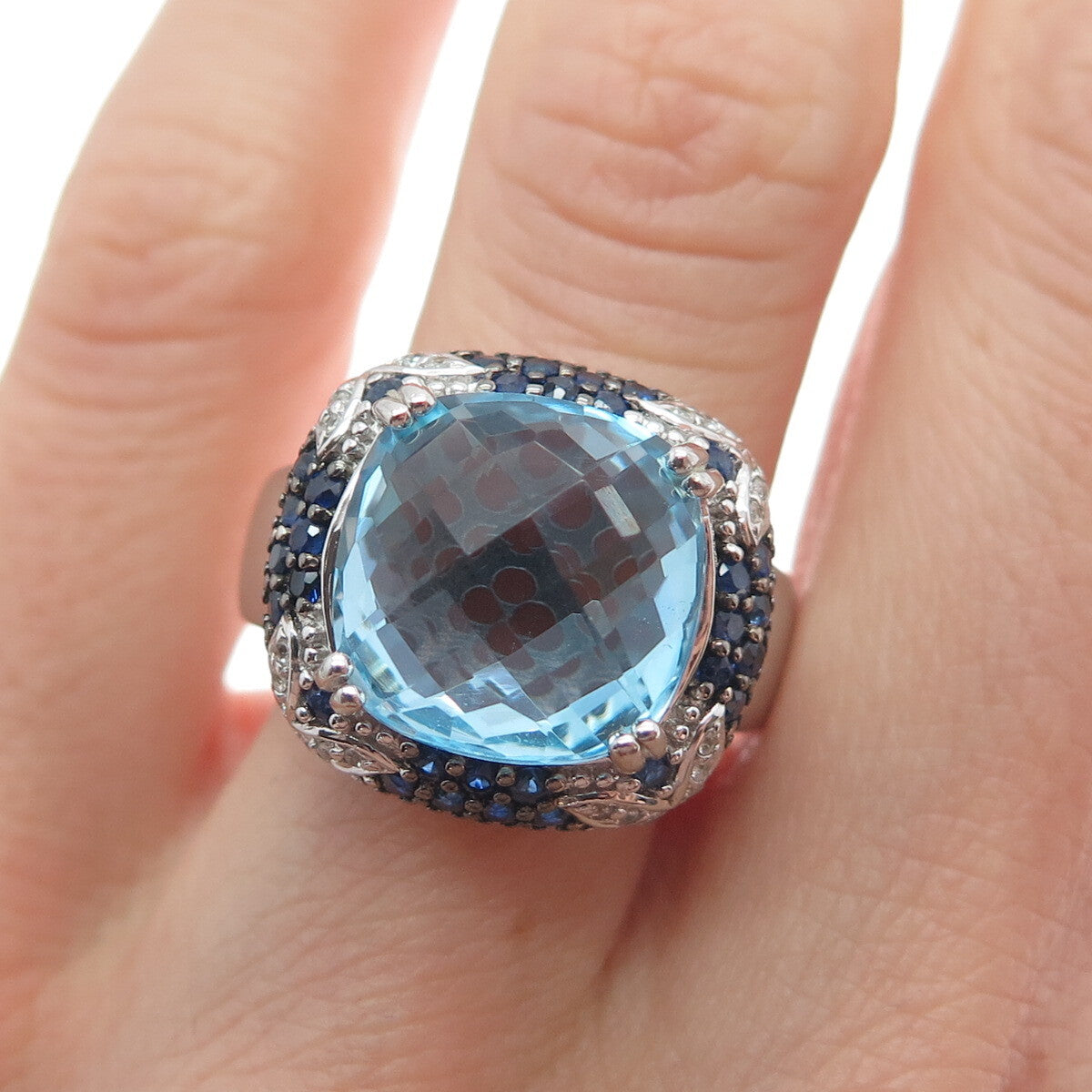 DSMK 925 Sterling Silver Checkered Blue & White Topaz Sapphire Gem Ring Size 7