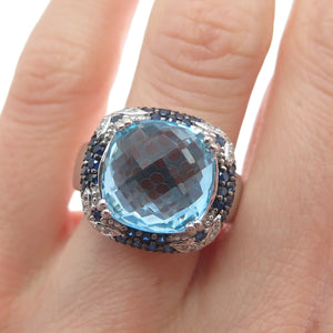 DSMK 925 Sterling Silver Checkered Blue & White Topaz Sapphire Gem Ring Size 7