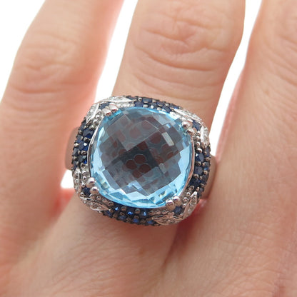 DSMK 925 Sterling Silver Checkered Blue & White Topaz Sapphire Gem Ring Size 7