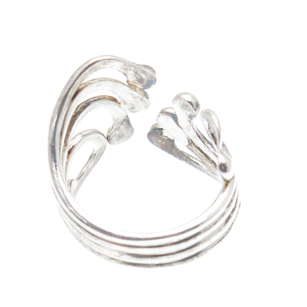925 Sterling Silver Vintage Modernist Beaded Bypass Adjustable Ring Size 10.75