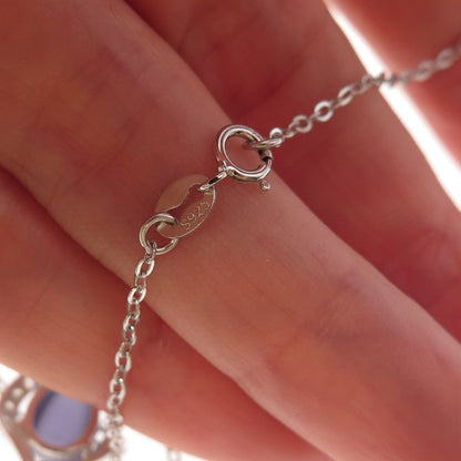 925 Sterling Silver Real Cat's Eye & C Z Cable Chain Necklace 18"