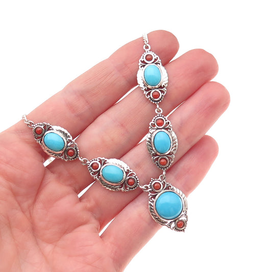 925 Sterling Silver Vintage Real Turquoise & Coral Cuban Chain Necklace 18-20"