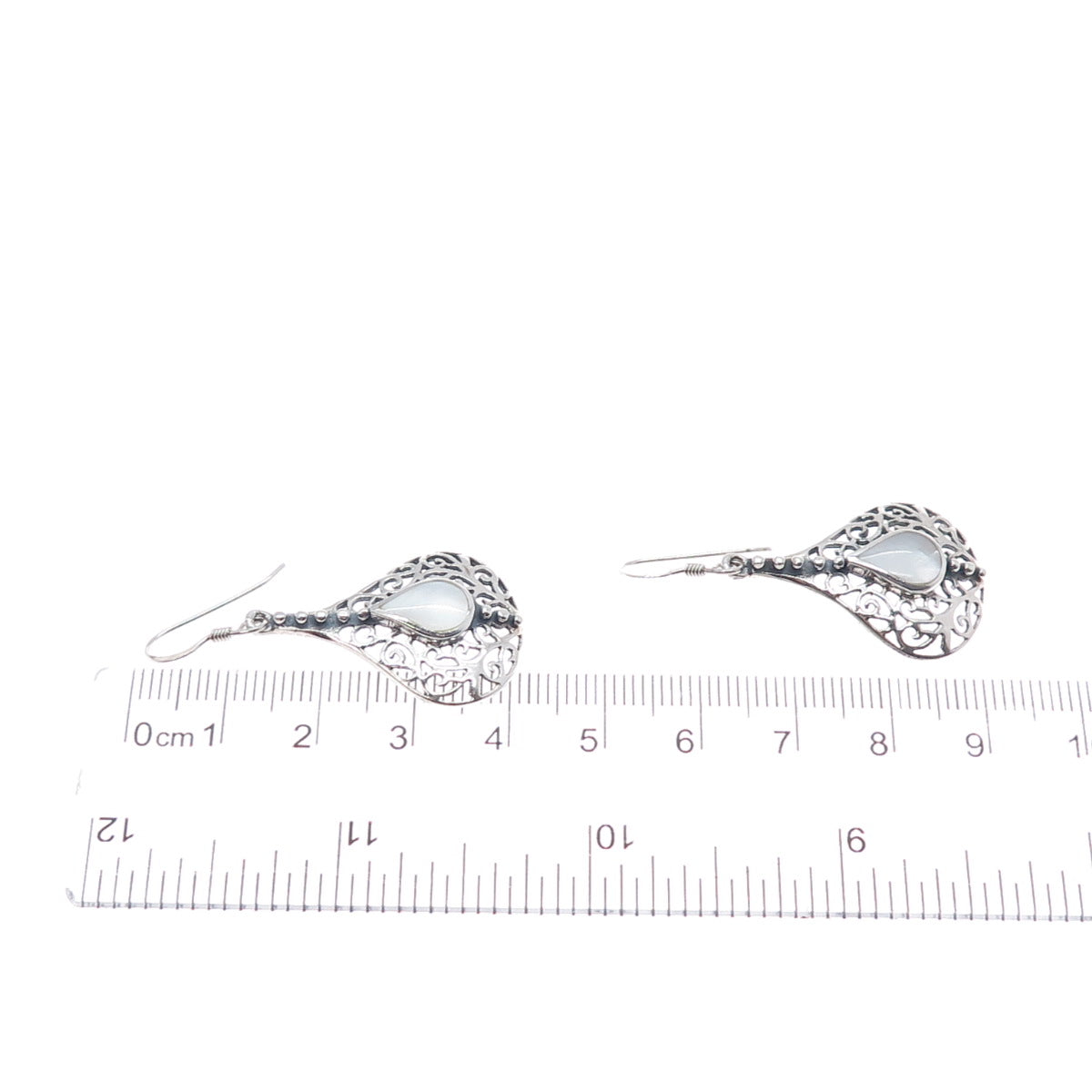 925 Sterling Silver Vintage Real MOP Ornate Oxidized Dangle Earrings