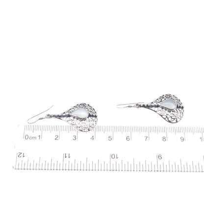 925 Sterling Silver Vintage Real MOP Ornate Oxidized Dangle Earrings