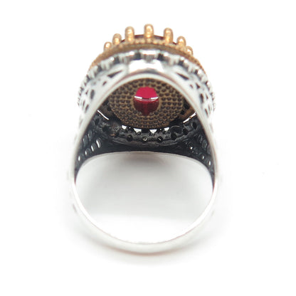 925 Sterling Silver 2-Tone Vintage Red Glass & White C Z Bohemian Ring Size 6.25