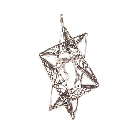 925 Sterling Silver Vintage Chai Star of David Filigree Oxidized Charm Pendant