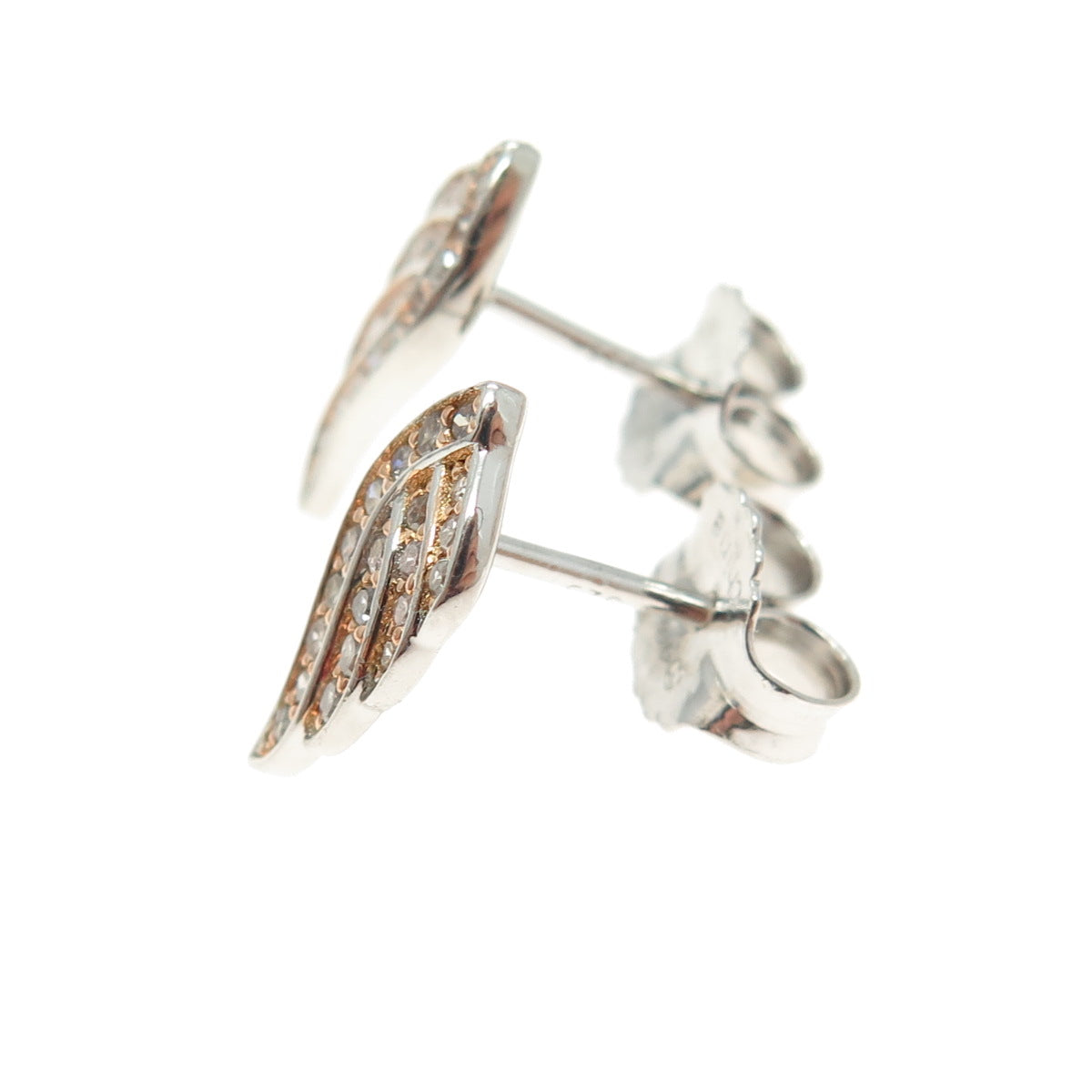 925 Sterling Silver 2-Tone Real Round-Cut Diamond Angel Wing Earrings