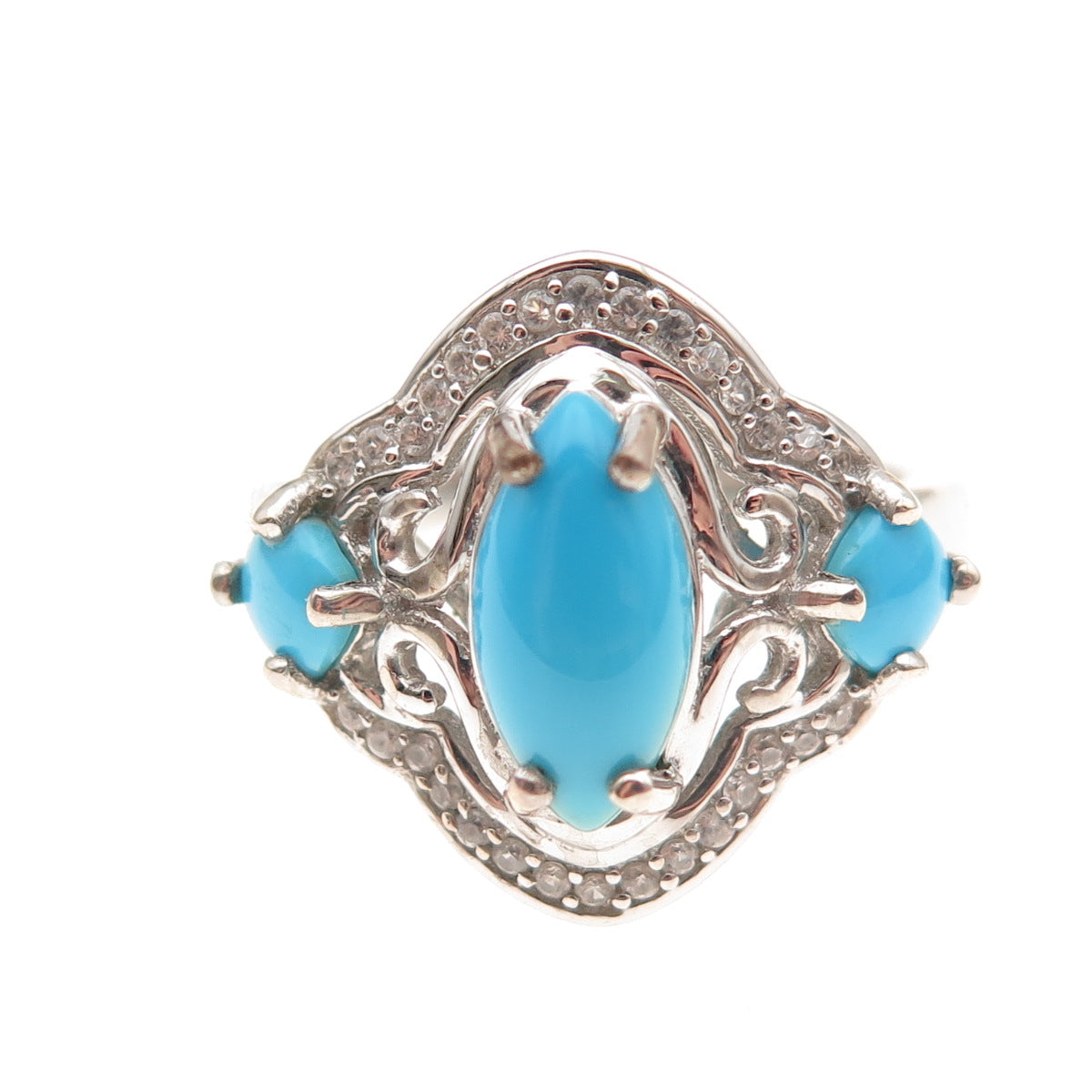 Chuck Clemency 925 Sterling Silver Real Turquoise & White Topaz Ring Size 8