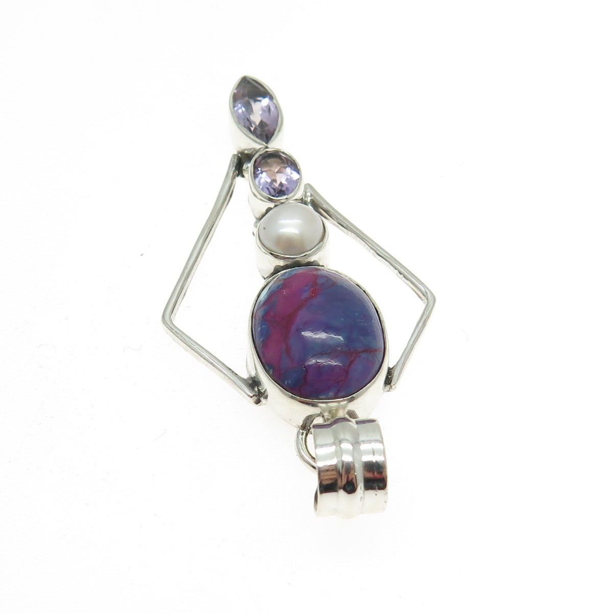 925 Sterling Silver Vintage Purple Turquoise Amethyst & Pearl Modernist Pendant