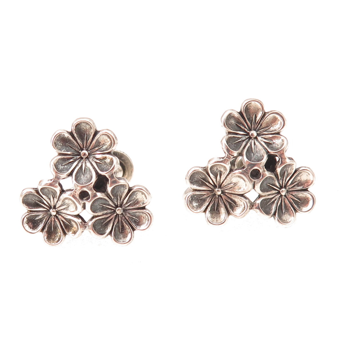 Beau 925 Sterling Silver Antique Art Deco Floral Oxidized Screw Back Earrings