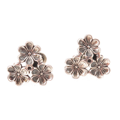 Beau 925 Sterling Silver Antique Art Deco Floral Oxidized Screw Back Earrings