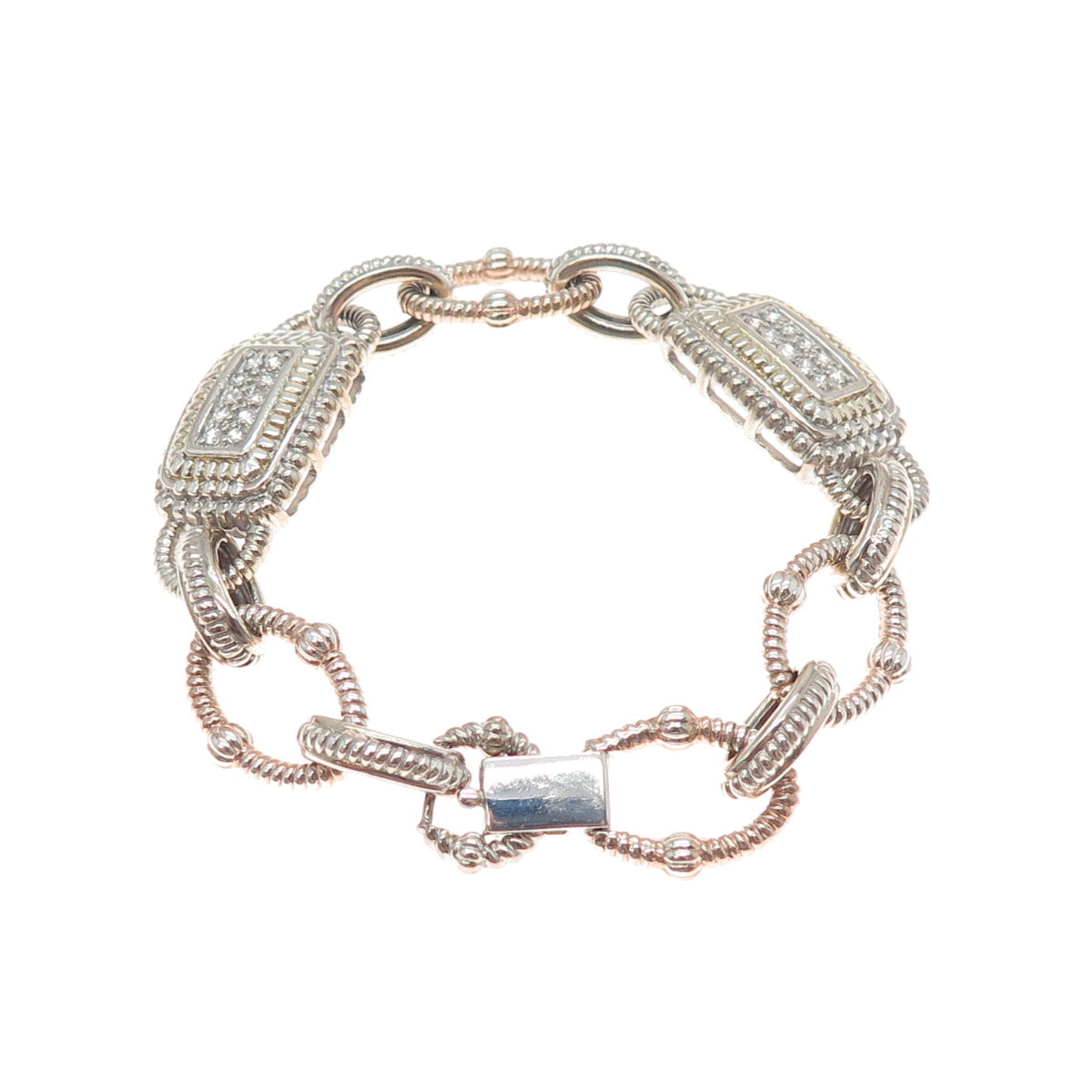 925 Sterling Silver 2-Tone Vintage Round-Cut C Z Panel Link Bracelet 6.75"