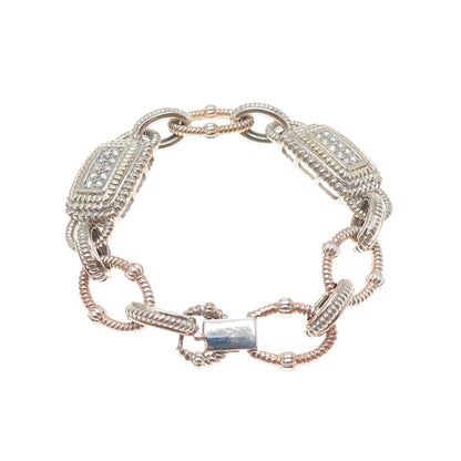 925 Sterling Silver 2-Tone Vintage Round-Cut C Z Panel Link Bracelet 6.75"