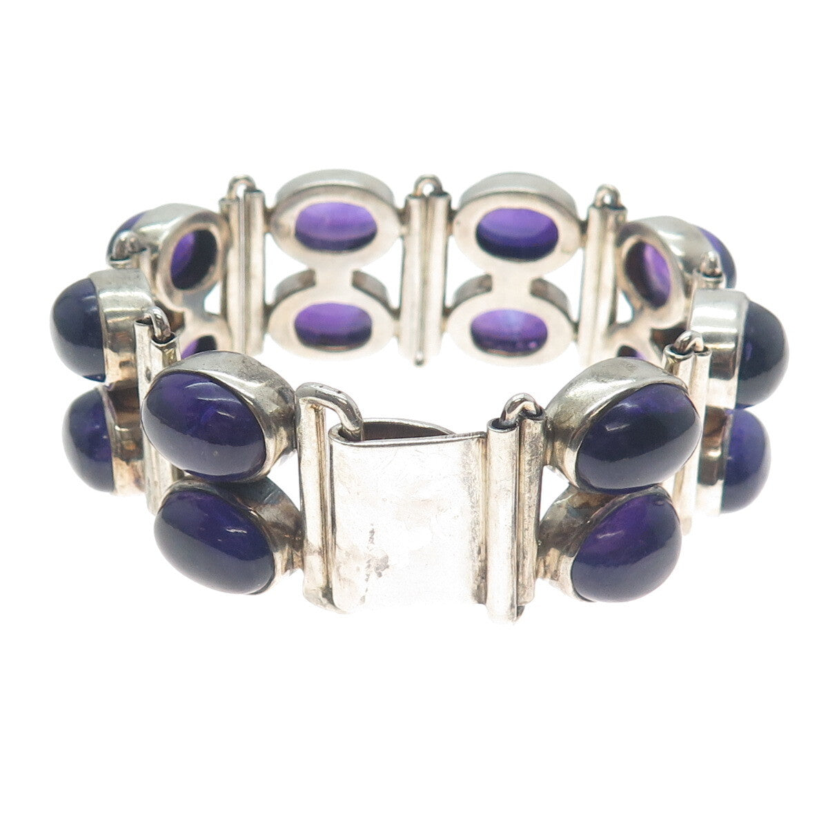 925 Sterling Silver Vintage Real Amethyst Cluster Link Solid 84.3g Bracelet 7"