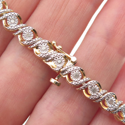 925 Sterling Silver Gold Plated Real Diamond Swirl Tennis Link Bracelet 7.25"