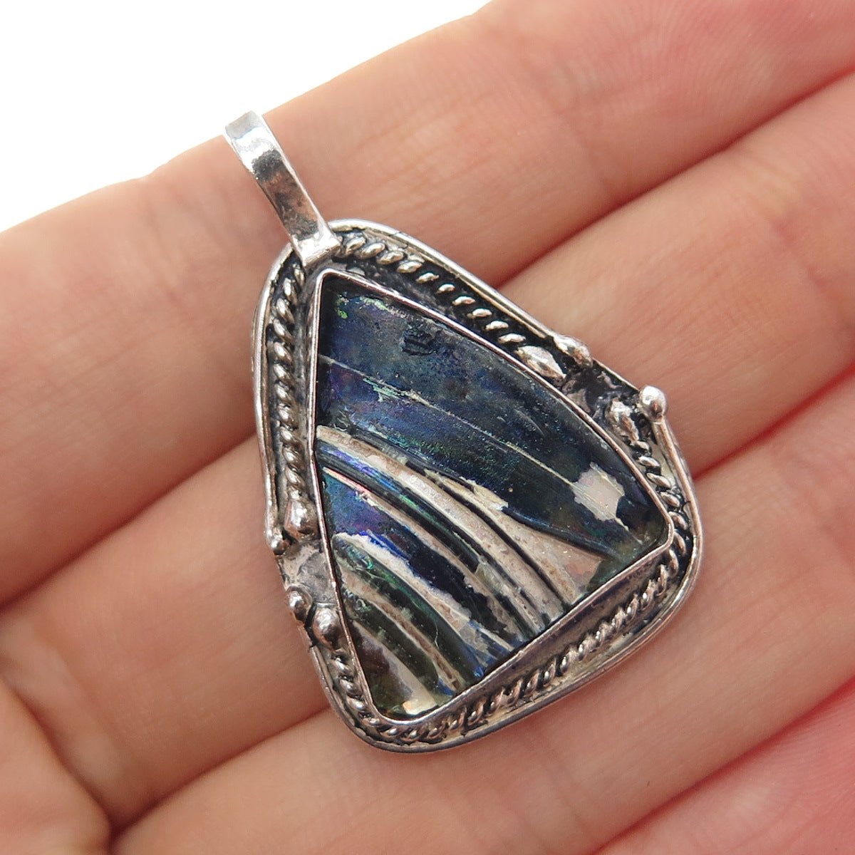 925 Sterling Silver Vintage Roman Glass Modernist Charm Pendant