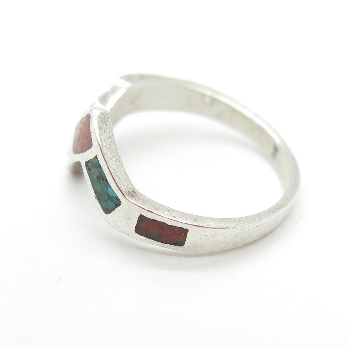 Old Pawn 925 Sterling Silver Southwestern Turquoise Coral Inlay Ring Size 3.5