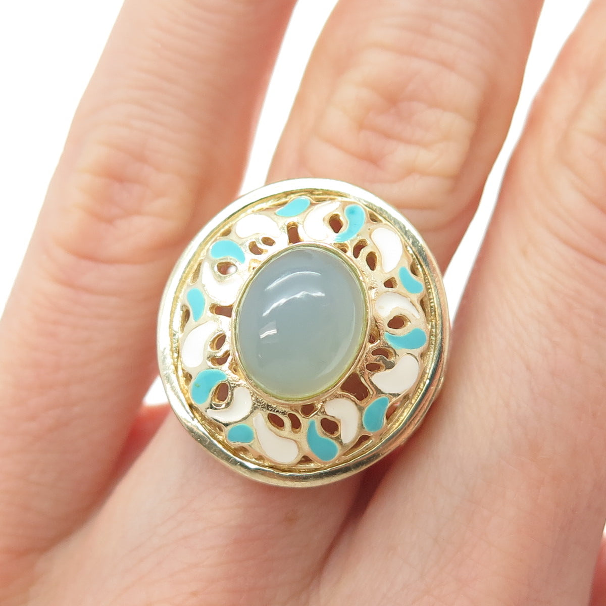 925 Sterling Silver Gold Plated Italy Enamel Real Chalcedony Ring Size 5.25