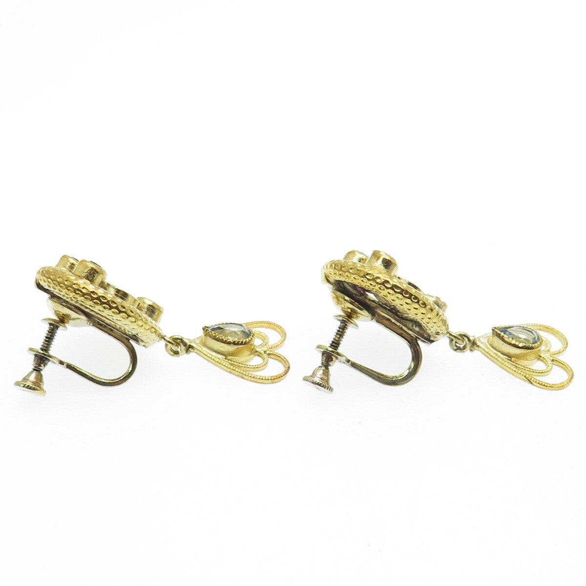 925 Sterling Silver Gold Plated Vintage Rhinestone Heart Screw Back Earrings