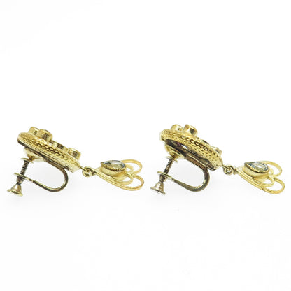 925 Sterling Silver Gold Plated Vintage Rhinestone Heart Screw Back Earrings