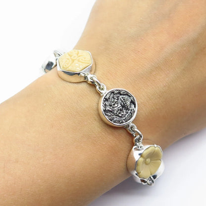 925 Sterling Silver Vintage Carved Ceramic & Glass Round Link Bracelet 6.75"