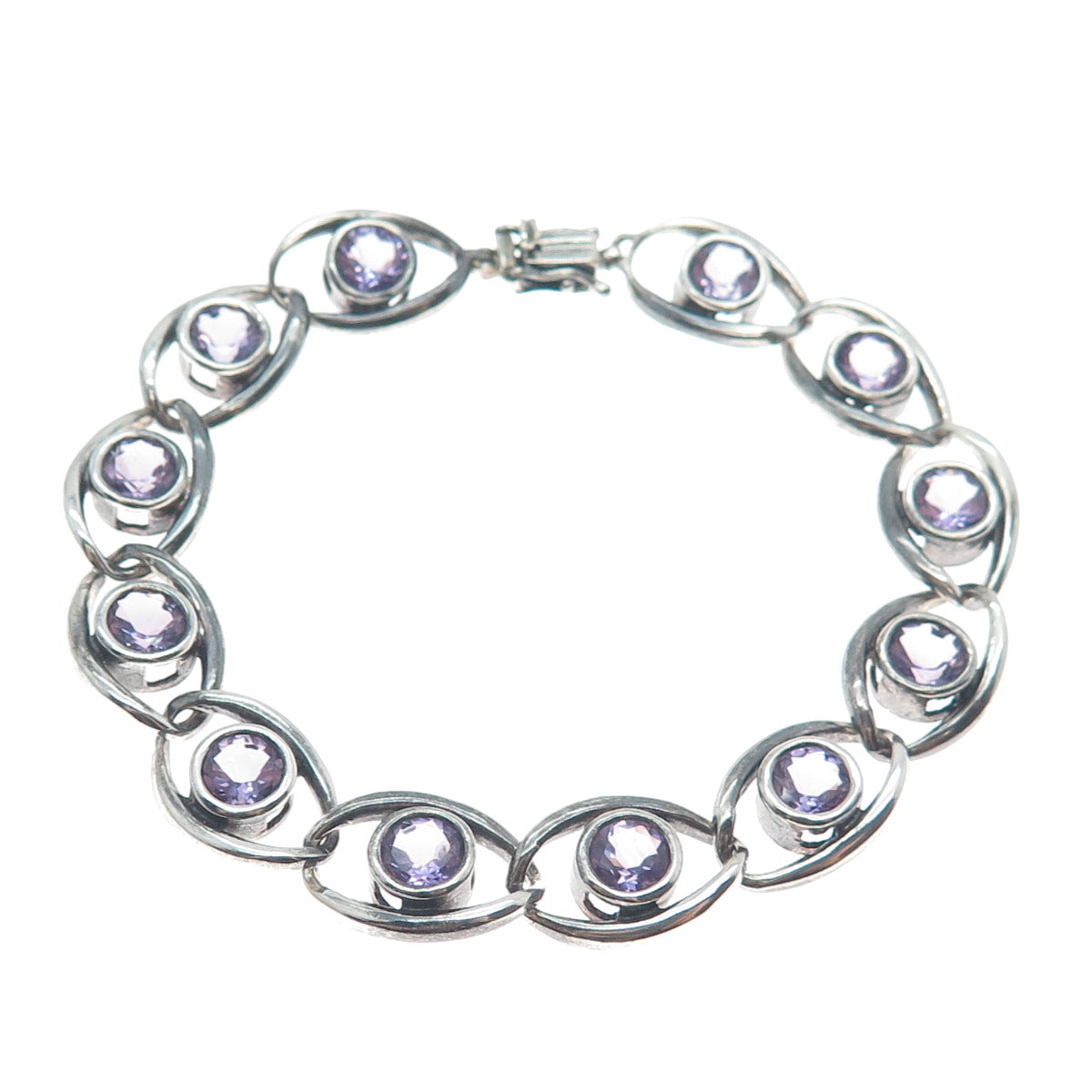 925 Sterling Silver Vintage Real Amethyst Gem Oval Link Oxidized Bracelet 7"