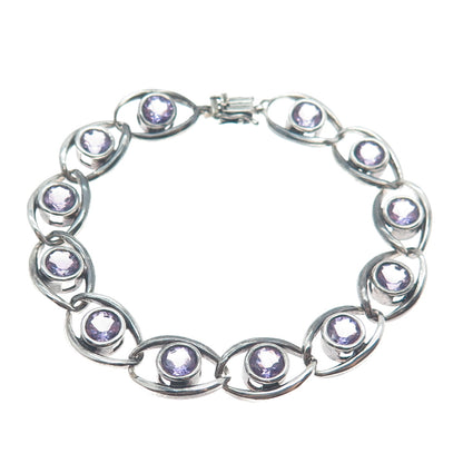 925 Sterling Silver Vintage Real Amethyst Gem Oval Link Oxidized Bracelet 7"