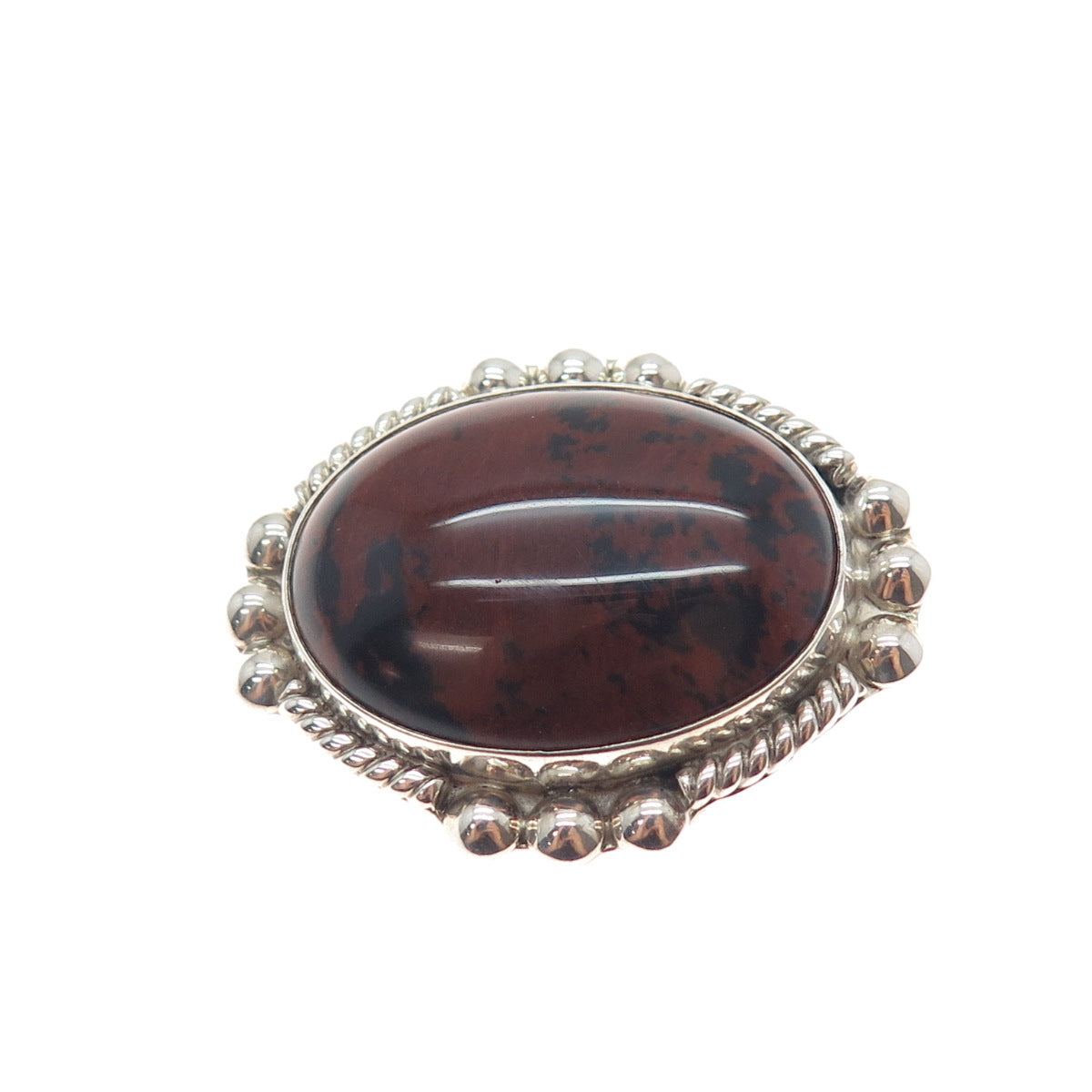 925 Sterling Silver Vintage Mexico Real Mahogany Obsidian Pin Brooch / Pendant