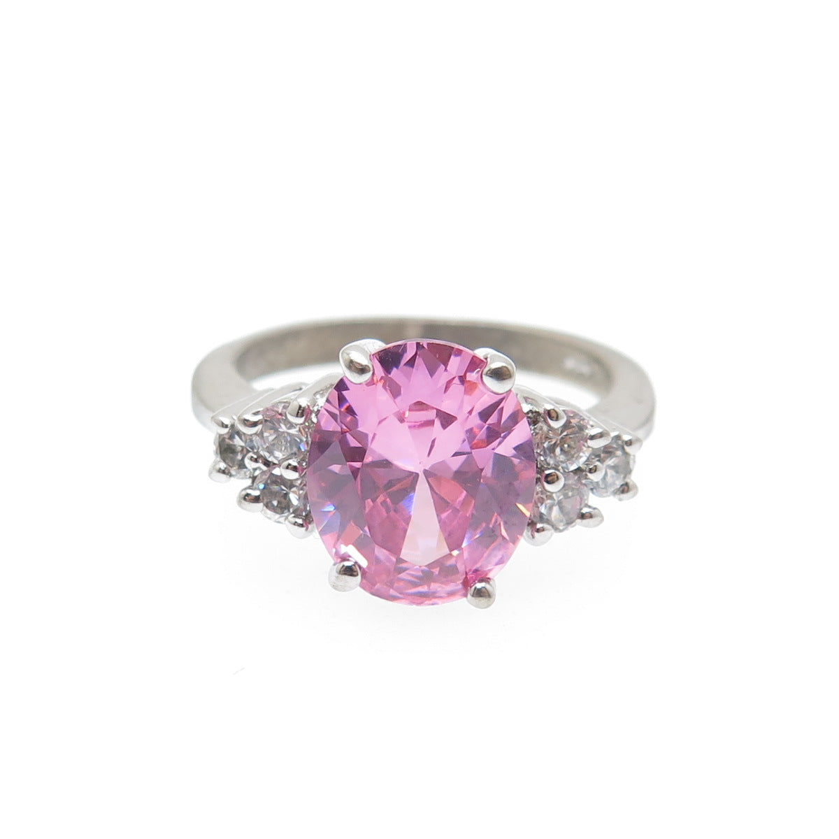 925 Sterling Silver Vintage Oval-Cut Pink & Round-Cut White C Z Ring Size 7.25