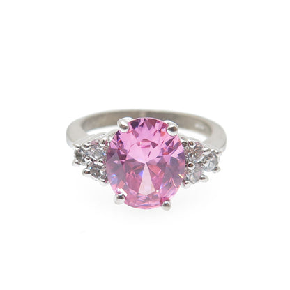 925 Sterling Silver Vintage Oval-Cut Pink & Round-Cut White C Z Ring Size 7.25