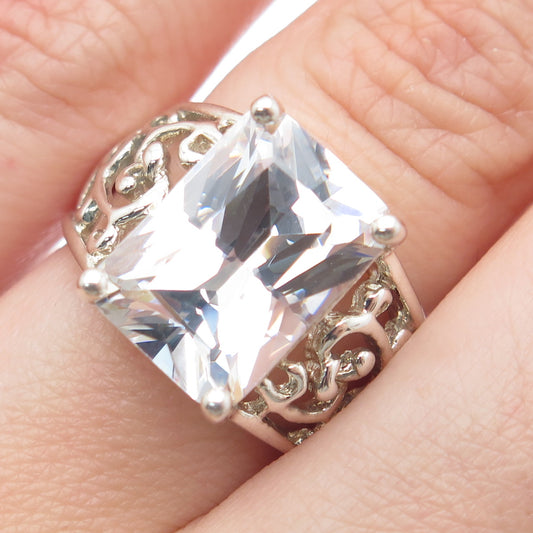 925 Sterling Silver Radiant-Cut C Z Ornate Ring Size 7