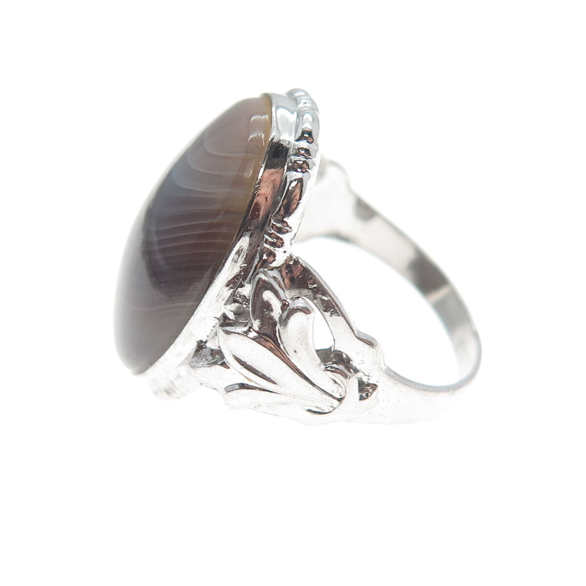 UNCAS 925 Sterling Silver Vintage Real Gray Lace Agate Gemstone Ring Size 4.5