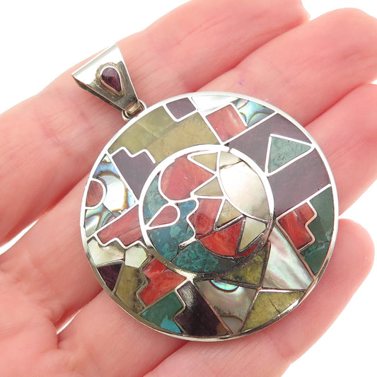 950 Silver Vintage Jade Azurite Turquoise Coral MOP Sugilite Sun & Moon Pendant