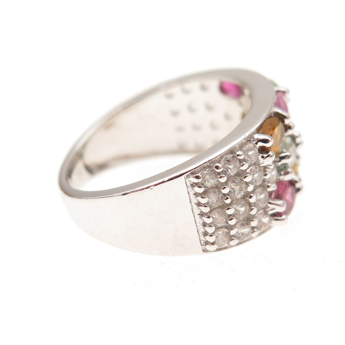925 Sterling Silver Real Multi-Color Tourmaline & White Topaz Ring Size 7.25