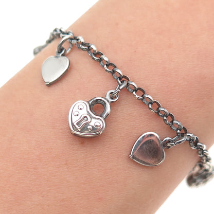 925 Sterling Silver Vintage Italy Heart Lock Charm Rolo Link Bracelet 7"