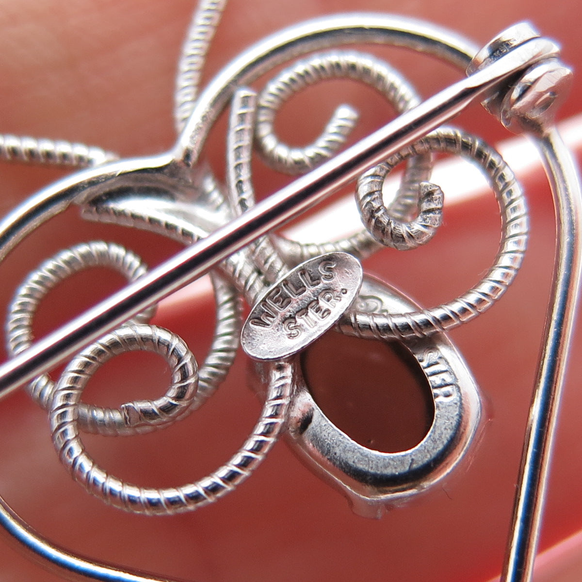 WELLS Sterling Silver Vintage Real Smoky Quartz Butterfly Heart Tassel Brooch