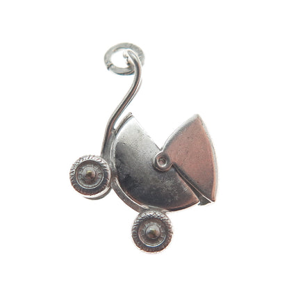 CARL ART 925 Sterling Silver Antique Baby Carriage Minimalist 3D Charm Pendant