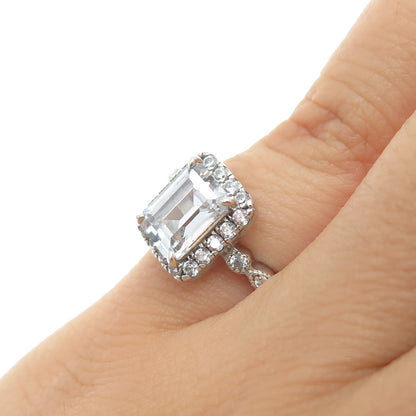 925 Sterling Silver Emerald & Round-Cut C Z Engagement Ring Size 5