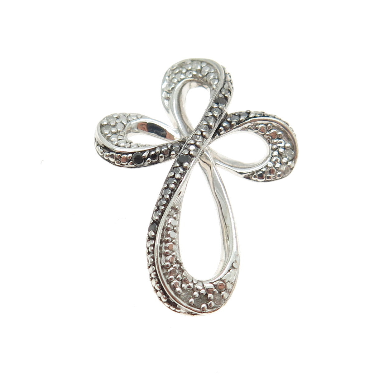 SUN 925 Sterling Silver Real Rond-Cut Black & White Diamond Cross Pendant