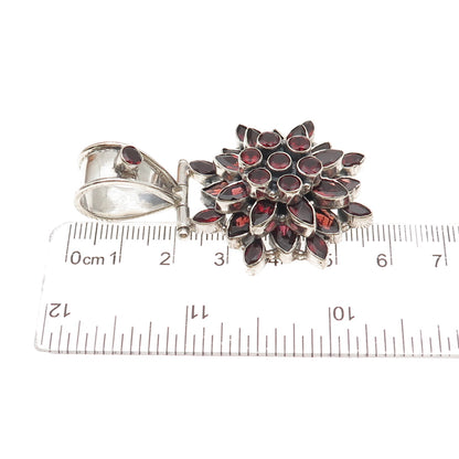 925 Sterling Silver Vintage Real Red Garnet Floral Cluster Pendant