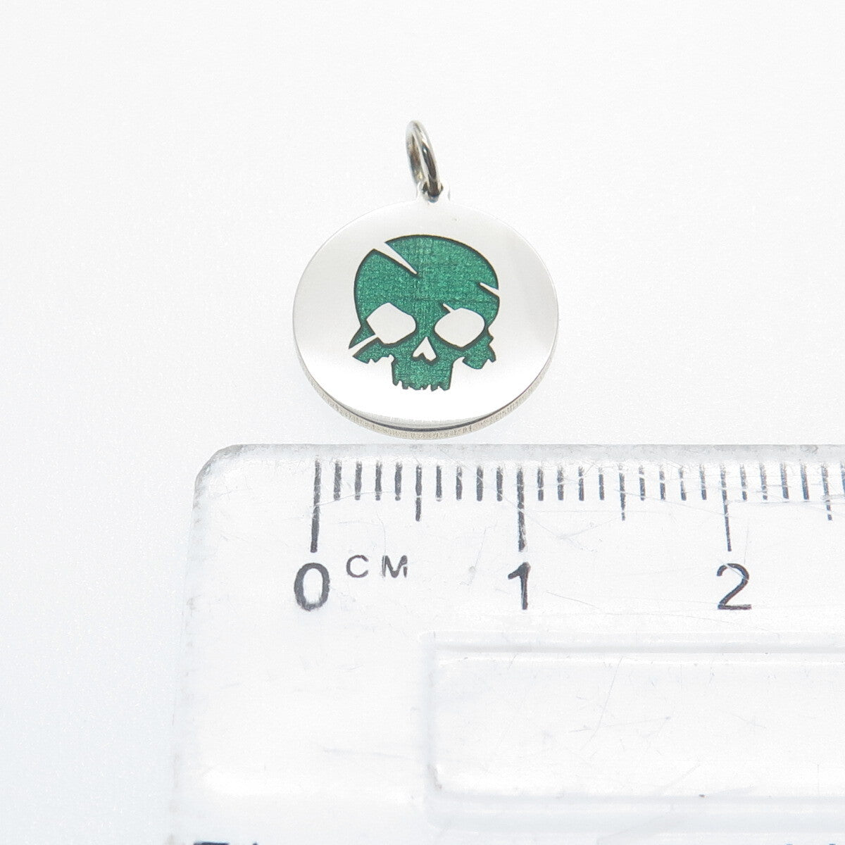 925 Sterling Silver Green Enamel Skull Round Tag Minimalist Charm Pendant
