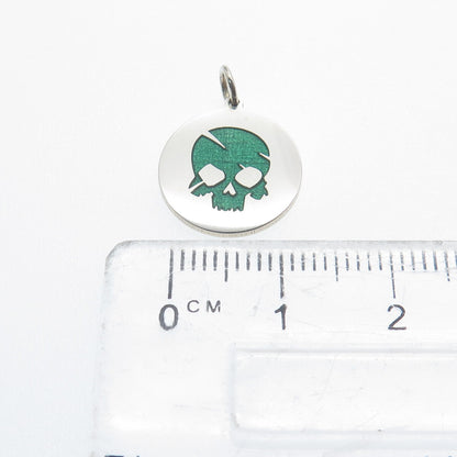 925 Sterling Silver Green Enamel Skull Round Tag Minimalist Charm Pendant