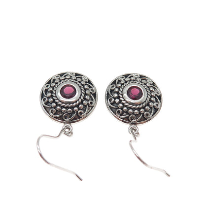 925 Sterling Silver Vintage Real Round-Cut Tourmaline Oxidized Dangle Earrings