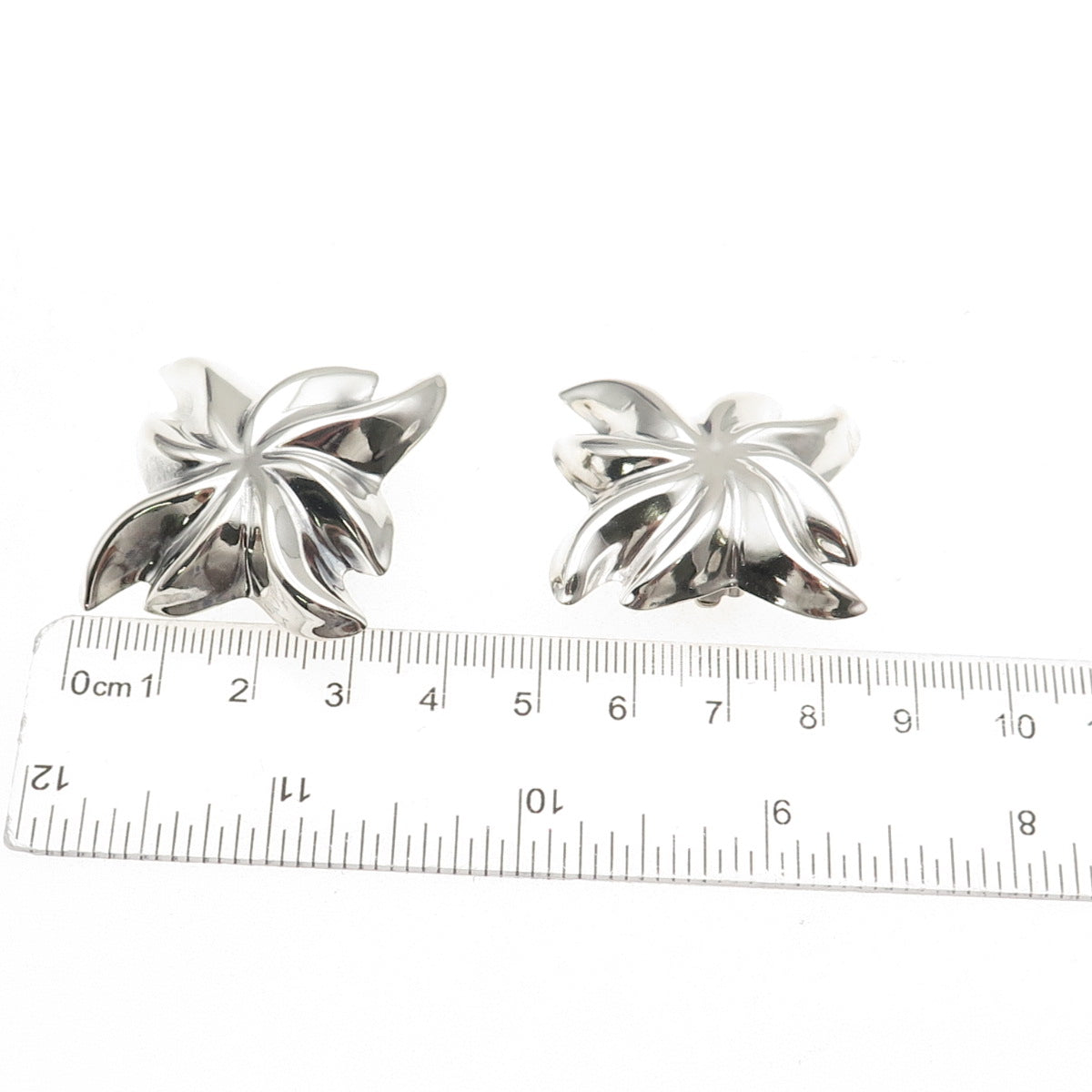 925 Sterling Silver Vintage Mexico Modernist Floral Oxidized Clip On Earrings