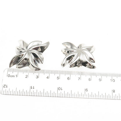 925 Sterling Silver Vintage Mexico Modernist Floral Oxidized Clip On Earrings